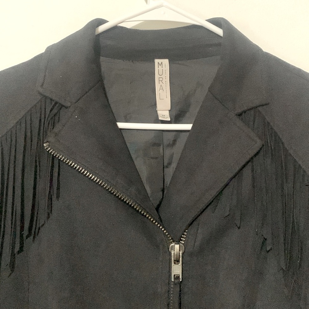 Mural Black Women’s Faux Leather Jacket with Fringe - Picture 2 of 13